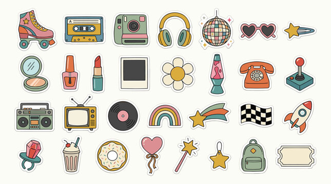 Retro 90s sticker set with 28 vintage icons, nostalgic aesthetic patches in pastel colors, Y2K pop culture vector elements for graphic design