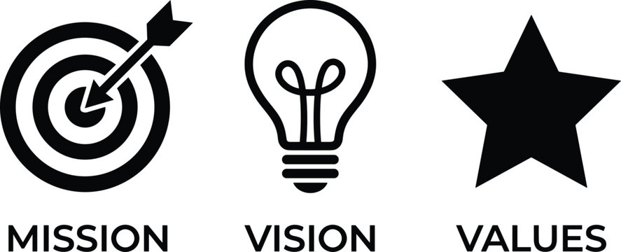Mission Vision and Values Business Icon Set with Target Light Bulb and Star Symbols for Branding