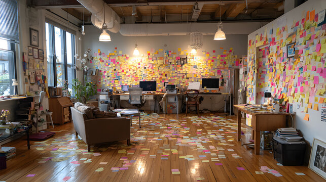 Colorful sticky note covered creative office with scattered notes on walls and floor, open loft workspace with desks, sofa, plants and computers conveying busy organized chaos and inspiration