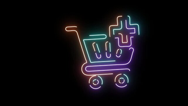 Neon shopping cart with plus sign animation for e-commerce and digital retail marketing glowing