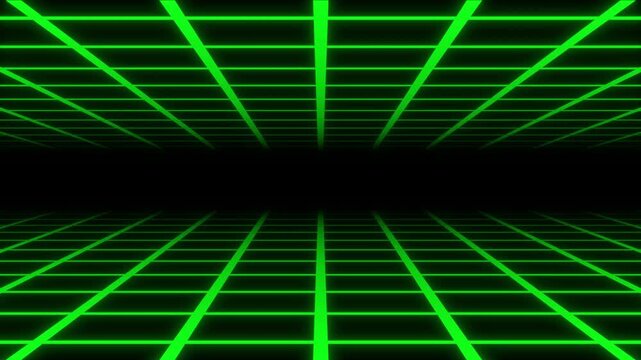 Retro neon grid tunnel animation, glowing cyberpunk landscape, retro 80s style, digital wireframe terrain, moving particles, seamless loop animation, black screen background, ultra 4k.