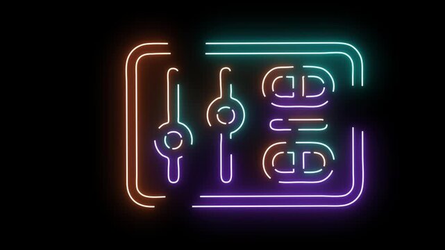 Neon audio mixer interface glowing animation, digital sound mixing console for music production and dj studio tech