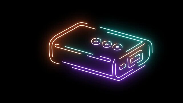 Neon glowing isometric hard drive animation, digital data storage concept, cyberpunk style