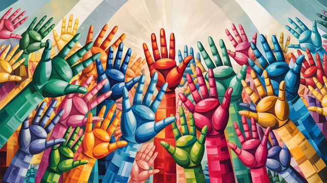 Multicolor robotic hands reaching up towards bright light during a collaborative event