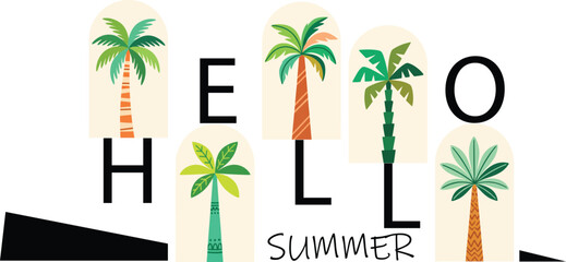 Hello Summer typography with palm tree vector illustration © Mashiat Tanin Saz