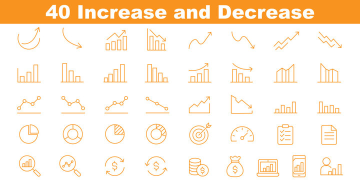 Increase and Decrease icon set. Contain icons related to Increase, decrease, graph, charts, market trends, profit, loss, and more. Editable stroke. Vector illustration