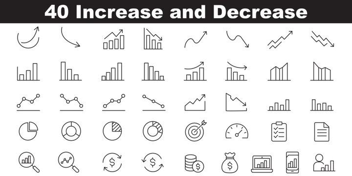 Increase and Decrease icon set. Contain icons related to Increase, decrease, graph, charts, market trends, profit, loss, and more. Editable stroke. Vector illustration