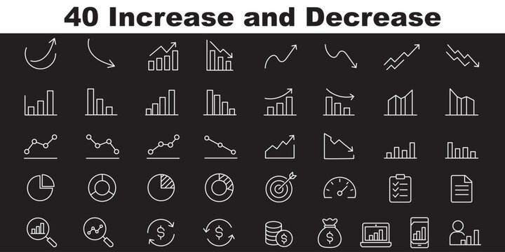 Increase and Decrease icon set. Contain icons related to Increase, decrease, graph, charts, market trends, profit, loss, and more. Editable stroke. Vector illustration