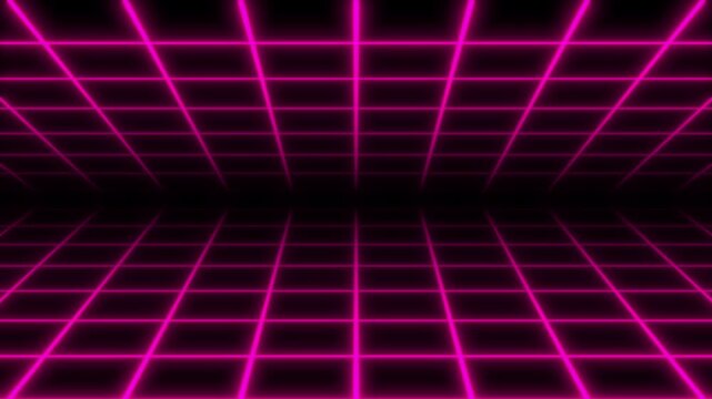 Glowing neon grid floor and ceiling, glowing neon lines, retro 80s vibe, particle motion black screen background, seamless loop animation, high tech digital environment, ultra 4k video.