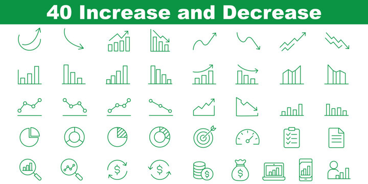 Increase and Decrease icon set. Contain icons related to Increase, decrease, graph, charts, market trends, profit, loss, and more. Editable stroke. Vector illustration