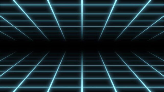 Neon grid animation, cyberpunk grid horizon, retro synthwave 80s style, digital terrain animation, moving particles, seamless loop black background, abstract sci fi visuals, ultra 4k.