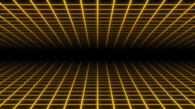 Glowing neon wireframe landscape, glowing digital lines, cyberpunk retro style, abstract terrain motion, wave effects, seamless loop black background, high tech sci fi environment 4k video.