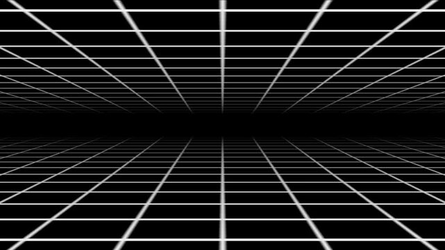 Neon grid horizon animation, glowing lines and particles, cyberpunk retro wave style, abstract digital terrain, black background futuristic technology visuals, 4k loop video.