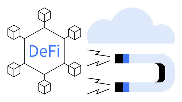 Decentralized finance, blockchain technology, cloud computing, data security, digital attraction, cryptocurrency innovation. A hexagonal network labeled DeFi and a magnet near a cloud. Blockchain