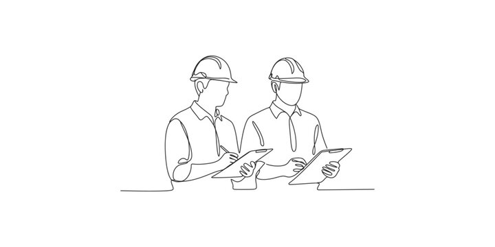 Two construction workers in hard hats looking at digital tablets isolated on white background