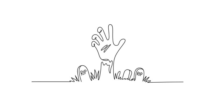 A hand reaching out from the ground with rip tombstones in a simple line drawing style on white background