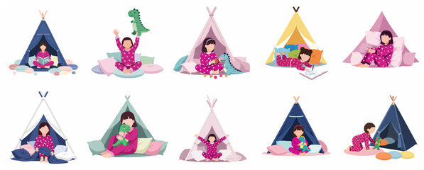 Collection of vector illustrations featuring a little girl in pajamas playing in a teepee tent, reading, drawing, and cuddling with a dinosaur toy. © Elara