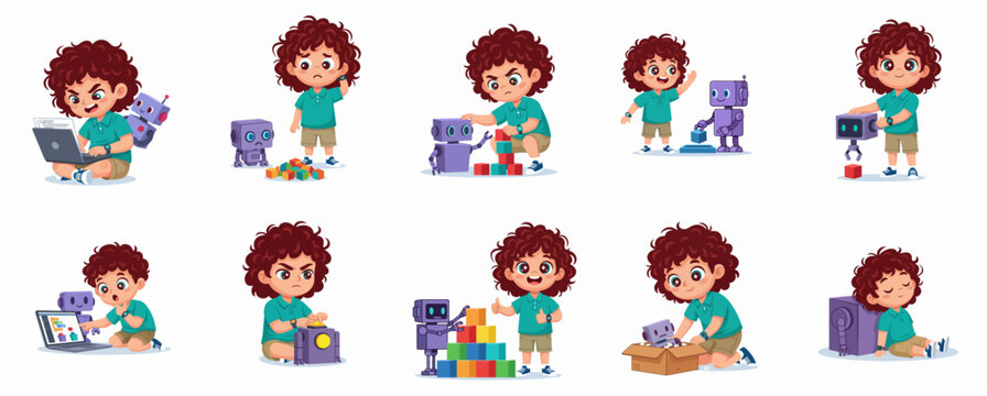 Set of Cartoon Illustrations of a Little Boy Interacting with a Robot Friend in Various STEM Education and Emotional Scenes
