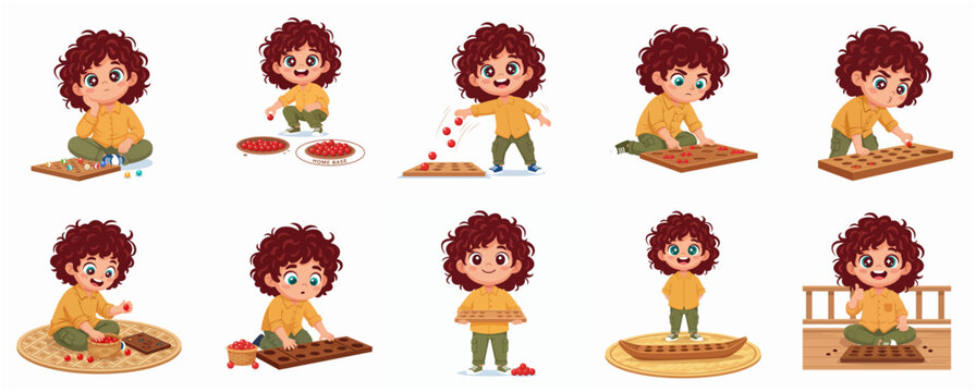 Cute boy character illustration set playing traditional Congkak or Mancala board game with various poses and expressions