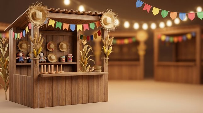 Festa Junina: Wooden Game Stall 3D Render with Toys and Bunting