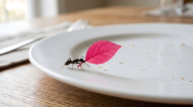 Ant carrying pink leaf on empty plate