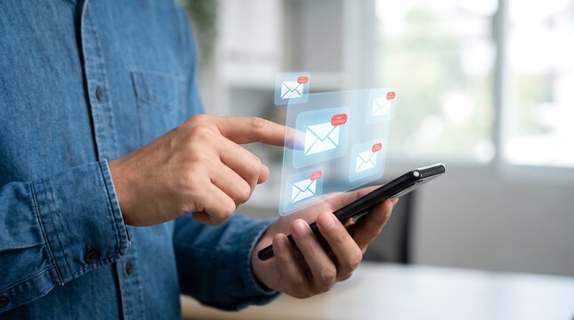 Person interacting with holographic social media notifications on smartphone screen push notification smartphone notification interaction communication