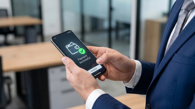 Businessman holding smartphone with fully charged battery icon and status display smartphone checkmark technology communication business corporate electronic