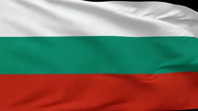The national flag of Bulgaria is depicted in a flowing motion, showcasing horizontal stripes of white, green, and red.