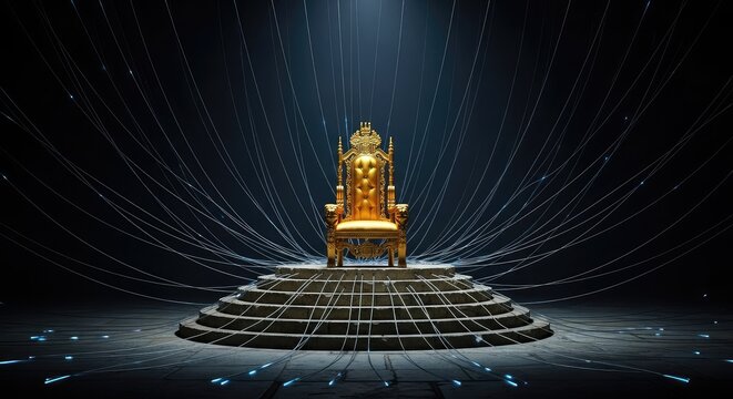 A solitary golden throne stands atop a vast stone dais, with countless thin wires radiating outward in complex patterns into dark shadows, imposing, shadows, centralized