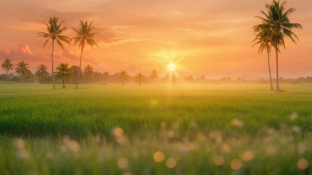 Golden Sunrise Over Lush Green Rice Paddies with Palm Trees