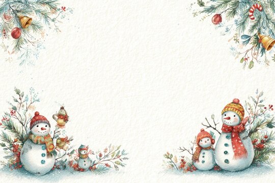Watercolor Christmas border with a cheerful snowman family along the edge