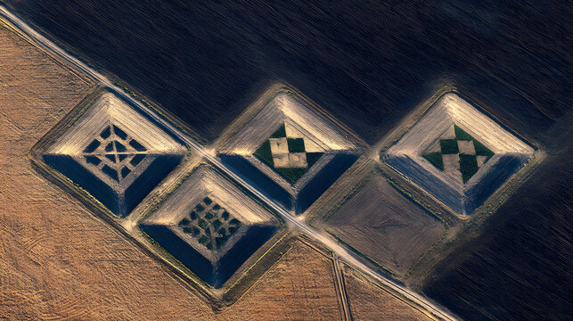 Aerial view of four geometric diamond shaped agricultural fields with patterned crop designs and shadowed raised berms creating abstract top down contrast and texture