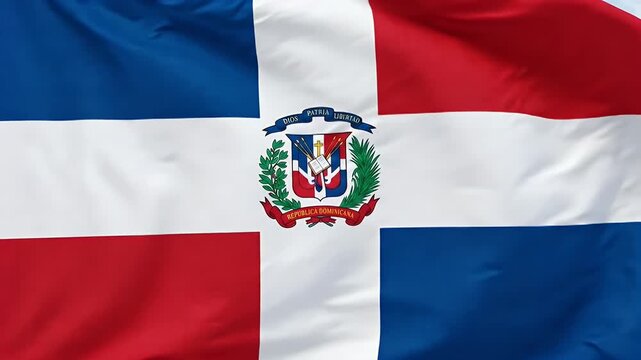 The video showcases the waving flag of the Dominican Republic, featuring a central white cross dividing four quarters of blue and red.