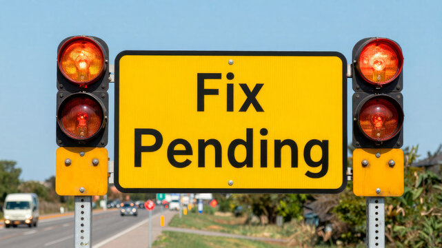 Roadside warning sign with bold typography symbolizing delayed software repairs and unresolved digital infrastructure maintenance issues