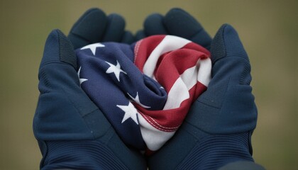 Naklejka premium Soldier holding folded United States flag in gloved hands. Respect and tribute to national fallen heroes. Symbol of patriotism for Memorial Day, Veterans Day and Independence Day ceremony.
