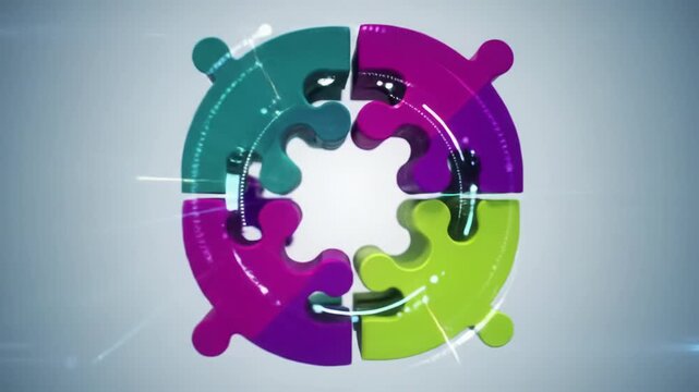 Smooth dolly-in, then gentle zoom-out reveals vibrant geometric shapes (teal, magenta, lime, sapphire) interlocking in a luminous digital space, radiating lines, symbolizing data flow, innovation,