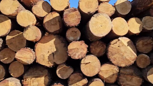 Logs stacked neatly in a lumber yard under clear sky during daylight hours