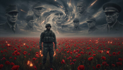 Naklejka premium Soldier standing in a field of red poppies under a stormy sky with ghostly faces of military veterans. Remembrance Day and Memorial Day concept representing honor, sacrifice and history.