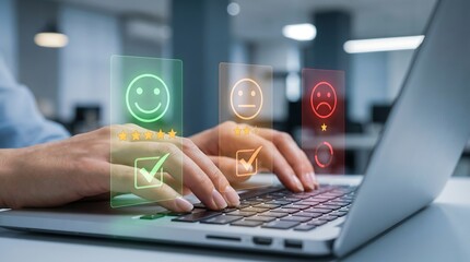 Fototapeta premium Professional using laptop with digital overlay for customer satisfaction survey and feedback rating showing green happy emoji icons feedback satisfaction