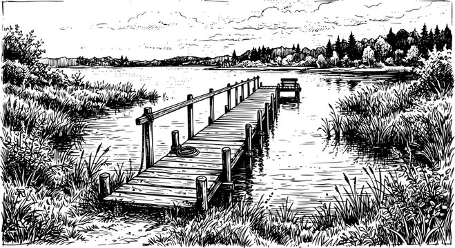 hand-drawn wooden pier extending into water with grass on both sides in black and white
