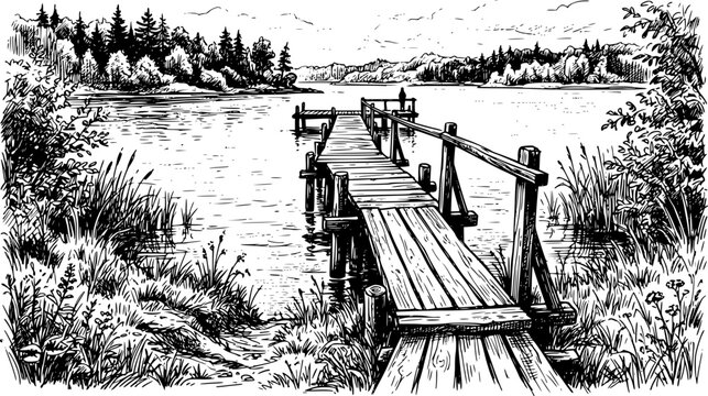 hand-drawn wooden pier extending into water with grass on both sides in black and white
