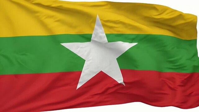 This video displays the flag of Myanmar, featuring horizontal bands of yellow, green, and red, with a prominent white star in the center. The flag is shown waving, suggesting movement and vibrancy.
