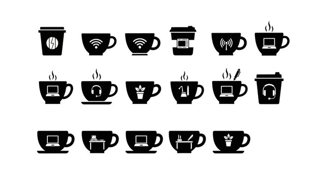 Coffee cup icon set with laptop plant headset and wireless connection symbols for business office work break time concept isolated on white background flat art