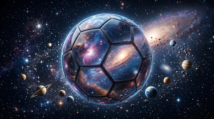 Fototapeta premium A soccer ball floats in space with a colorful galaxy background and planets