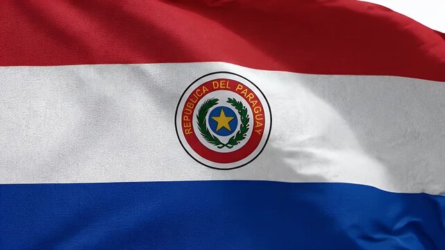 The video captures the flag of Paraguay waving in the wind, showcasing its distinct red, white, and blue horizontal stripes.