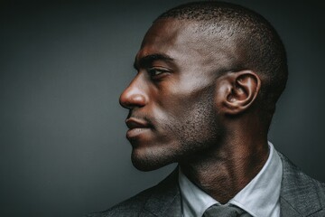 Fototapeta premium Studio portrait of an intelligent, composed African man wearing a sleek smart suit with a gray background