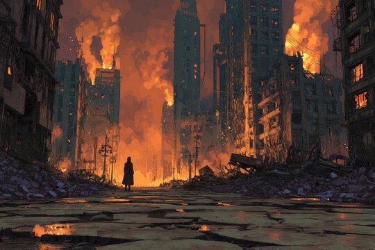 Post-apocalyptic cityscape with burning skyline and distant explosions
