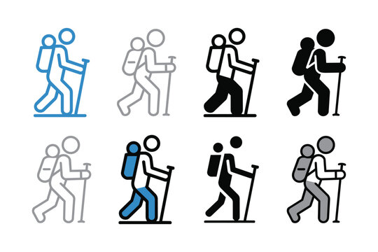 Set of hiking person icons, showing different styles for outdoor activity. illustrating outdoor adventure, camping, trekking, and exploration.