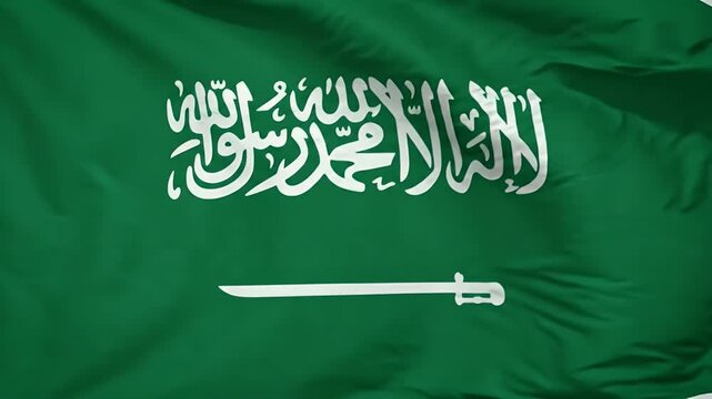 This video features the national flag of Saudi Arabia, showcasing a green field with white Arabic inscriptions and a sword underneath.