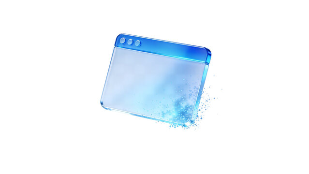 Floating blue glass browser window with digital particles, web development concept